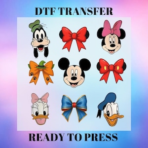 Transfert DTF avec noeud de personnages Disney | Transfert à chaud prêt à l'emploi pour t-shirts | Motifs Mickey Minnie Donald Daisy Goofy Bow, impression sur fer