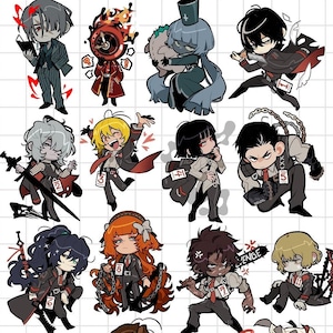 May include: A set of 13 colorful cartoon character stickers featuring various characters in black and white suits with red accents. Each character has a number on their chest, ranging from 1 to 13. The characters are in various poses, some holding weapons, others with expressions of anger or surprise. The stickers are on a white grid background.