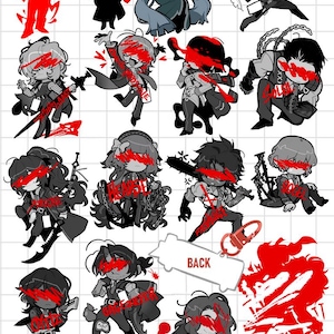 May include: A set of 14 black and white character illustrations with red accents. The characters are in various poses and have red lines over their eyes. The text "BACK" is visible in the image.