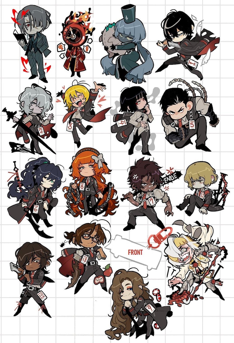 May include: A set of 13 colorful cartoon character stickers featuring various characters in black and white suits with red accents. Each character has a number on their chest, ranging from 1 to 13. The characters are in various poses, some holding weapons, others with expressions of anger or surprise. The stickers are on a white grid background.