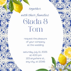 Mediterranean Tile Wedding Invitation - Boho Blue & Lemon Theme | Digital Version