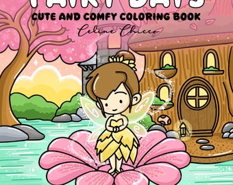 Pode incluir: Ilustração colorida para a capa de um livro de colorir com tema de fadas. O título "Fairy Days" é exibido acima do texto "Cute and Comfy Coloring Book" e do nome do autor. Uma fada de desenho animado está em pé em uma flor rosa.