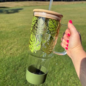 Monstera Leaf Glass Tumbler with Straw & Bamboo Lid | 40oz Iced Coffee Cup | Aesthetic Reusable Cup | Eco-Friendly Gift Idea