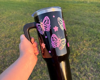 Personalized Black Tumbler: Opal Butterfly & Flower Design - 40oz Insulated Stainless Steel Mug