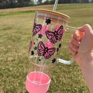 Butterfly Glass Tumbler with Straw & Bamboo Lid - 40 oz Iced Coffee Cup