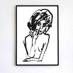Playful Naked woman print, Black and white graphic, Graphic Illustration, Modern Giclee Print, Expressive Art