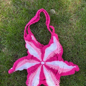 Pink Lily Flower Crochet Handbag, Handmade Pink Floral Tote,Gift for Her,Luxury Shoulder Bag.