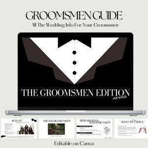 Peut inclure: Un guide numérique pour les garçons d'honneur, intitulé "The Groomsmen Edition", avec une illustration en noir et blanc d'un nœud papillon de smoking. Le guide comprend des sections pour "Suit Up", "The Bachelor Party", "Rehearsals & Welcome Party", et "What to Expect".