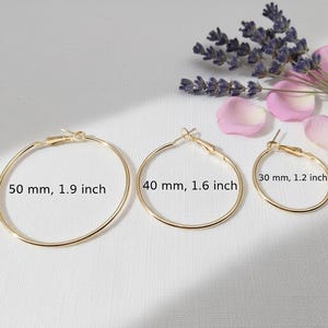 May include: Three gold-colored hoop earrings of varying sizes: 50 mm (1.9 inches), 40 mm (1.6 inches), and 30 mm (1.2 inches). The earrings are displayed on a white surface, with lavender and pink flower petals in the background.