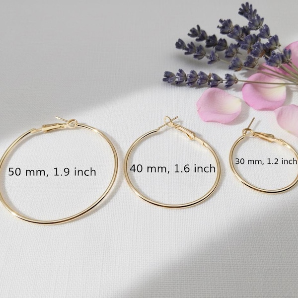 14k Gold Plated Hoop Earrings Set – 30mm, 40mm, 50mm, 60 mm, Thin Gold Hoops, Dainty Gold Hoops, Oversized Big Hoop Earrings, Gift for Her