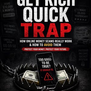 May include: A book cover with the title "The Get Rich Quick Trap" in large white letters over a red "TRAP". The image includes a bear trap with money and a phone with the text "Too good to be true? It usually is."