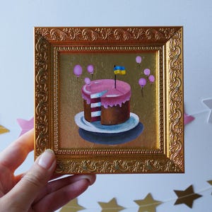 Tiny Cake Balloons Original Gold Oil Painting, Gold Leaf Art, Lounge Wall Art, Eastern European Art, Gold Frame Artwork, Birthday Gift