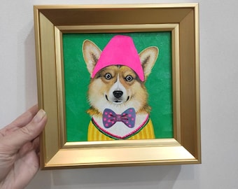 Corgi Tiny Portrait Original Oil Painting, Eastern European Art, Small Frame Artwork