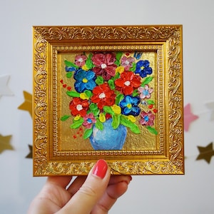 Unique Flowers in Vase Oil Painting, Gold Leaf Art, Small Gold Frame, European Fine Art, Original Still Life Artwork, Elegant Wall Accent