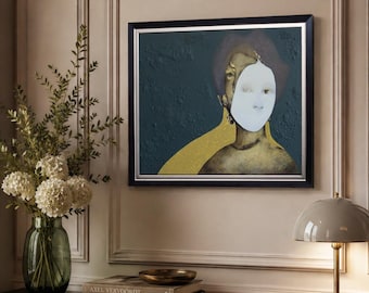 May include: A framed rectangular wall art piece featuring a portrait of a figure with a smooth white mask covering the face. The figure has dark hair and a golden garment against a textured dark teal background, enclosed in a black and silver frame.