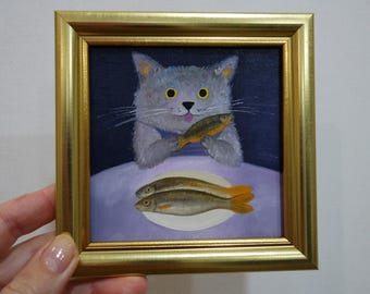 Cat Eat Fish Oil Painting, Lounge Wall Art, Eastern European Art, Gold Frame, Tiny Kitty Portrait