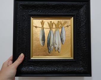 Sardine Gold Leaf Oil Painting, Original Kitchen Tiny Art Work, Fish Wall Art, Nautical Theme