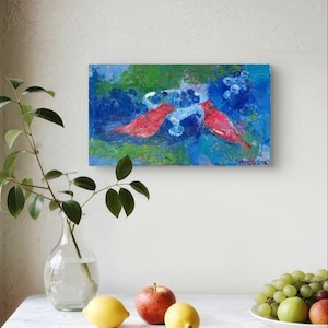 Red Birds Oil Painting, Original Art Work, Lounge Wall Art, Small Oil Painting, Eastern European Art, Palette Knife Technique, Wildlife Art