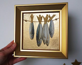 Sardine Oil Gold Leaf Painting, Original Kitchen Art, Tiny Art Work, Frame Nautical Theme