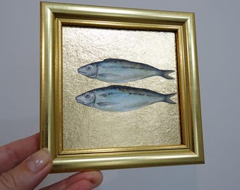 Sardine Oil Painting, Original Kitchen Tiny Artwork, Gold Leaf Art, Frame Fish Wall Art