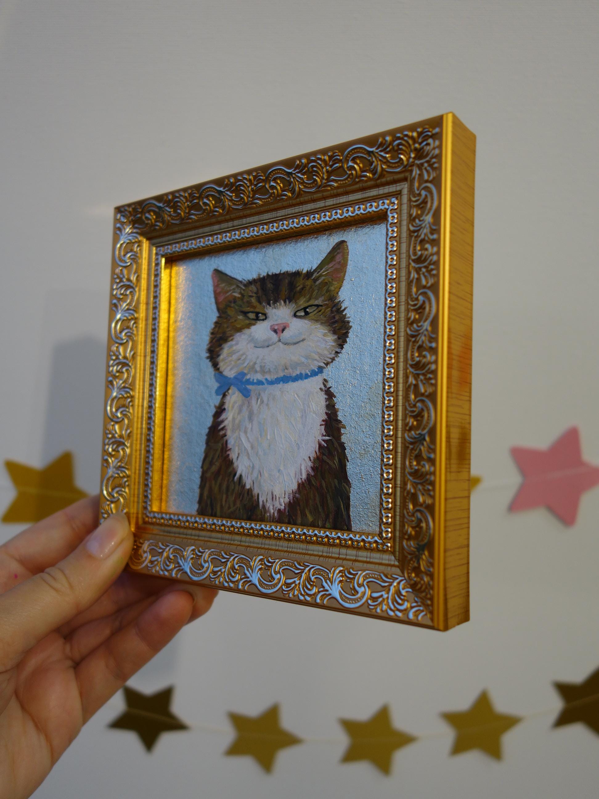 猫のオリジナル油絵、金箔アート、小さな金色の額縁のアートワーク 