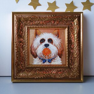 Pintura al óleo original de perro lindo, arte con pan de oro, arte de pared para salón, pintura pequeña, arte de Europa del Este, obra de arte con marco dorado, retrato de mascota