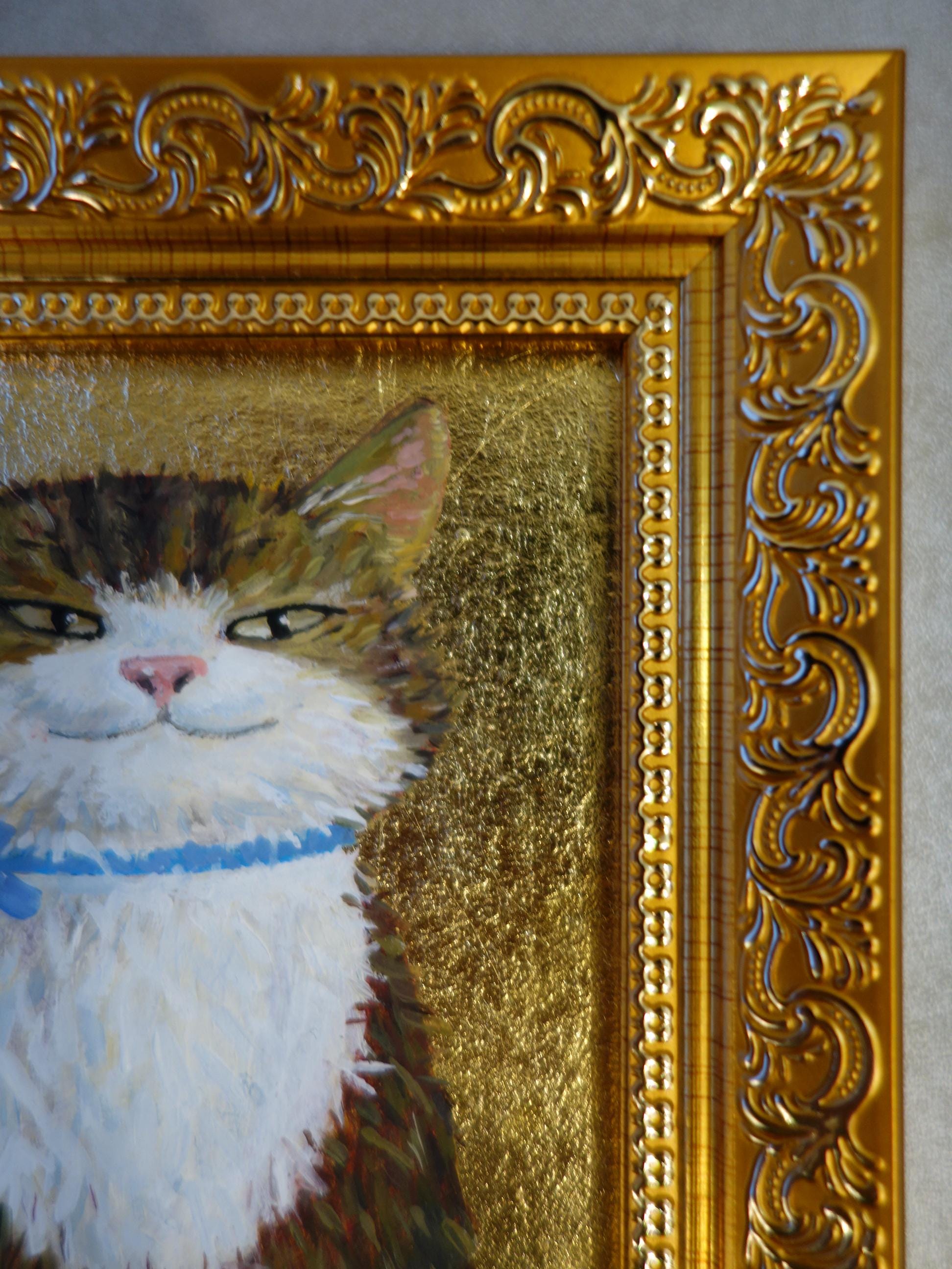 猫のオリジナル油絵、金箔アート、小さな金色の額縁のアートワーク 