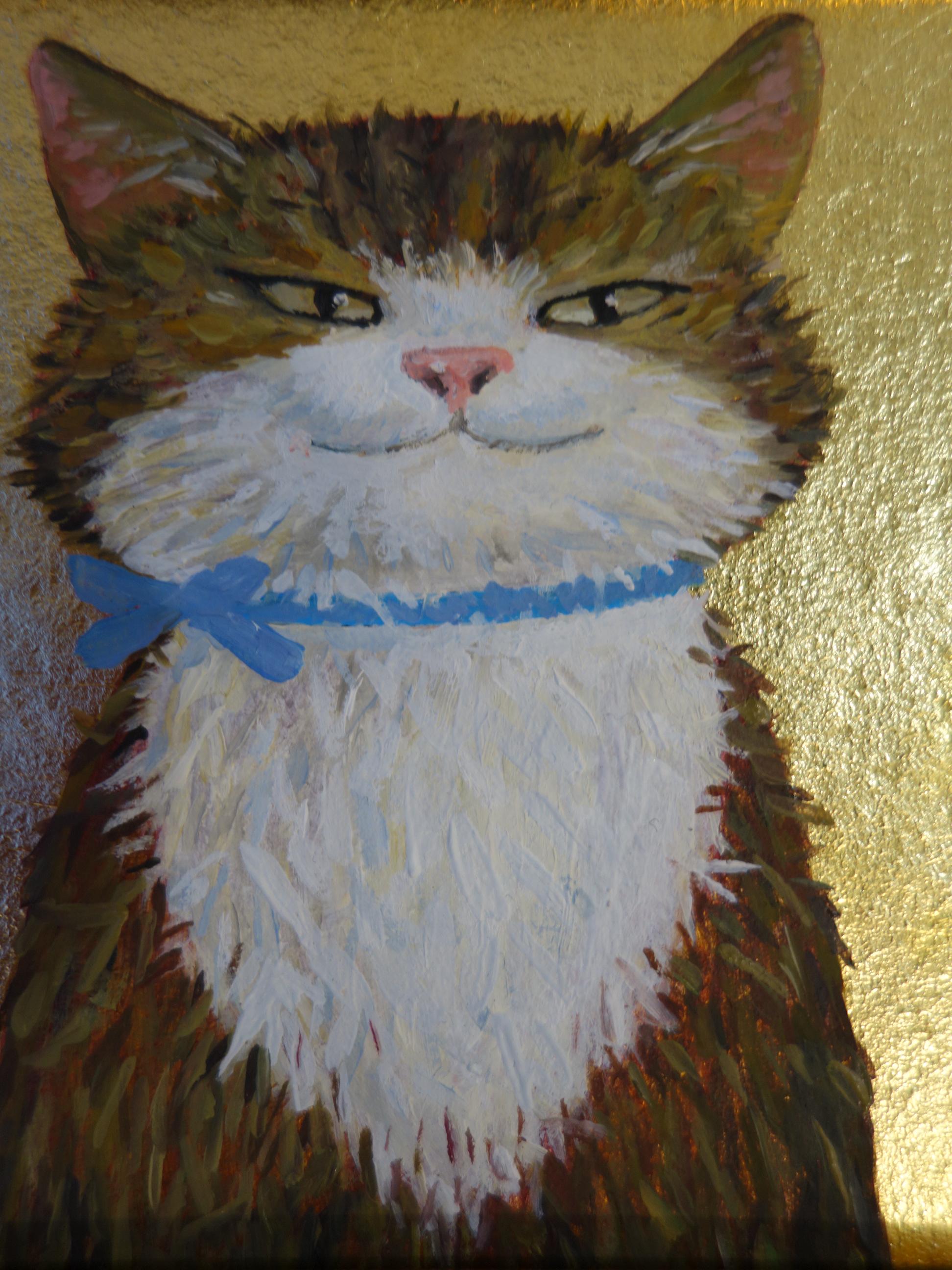 猫のオリジナル油絵、金箔アート、小さな金色の額縁のアートワーク 