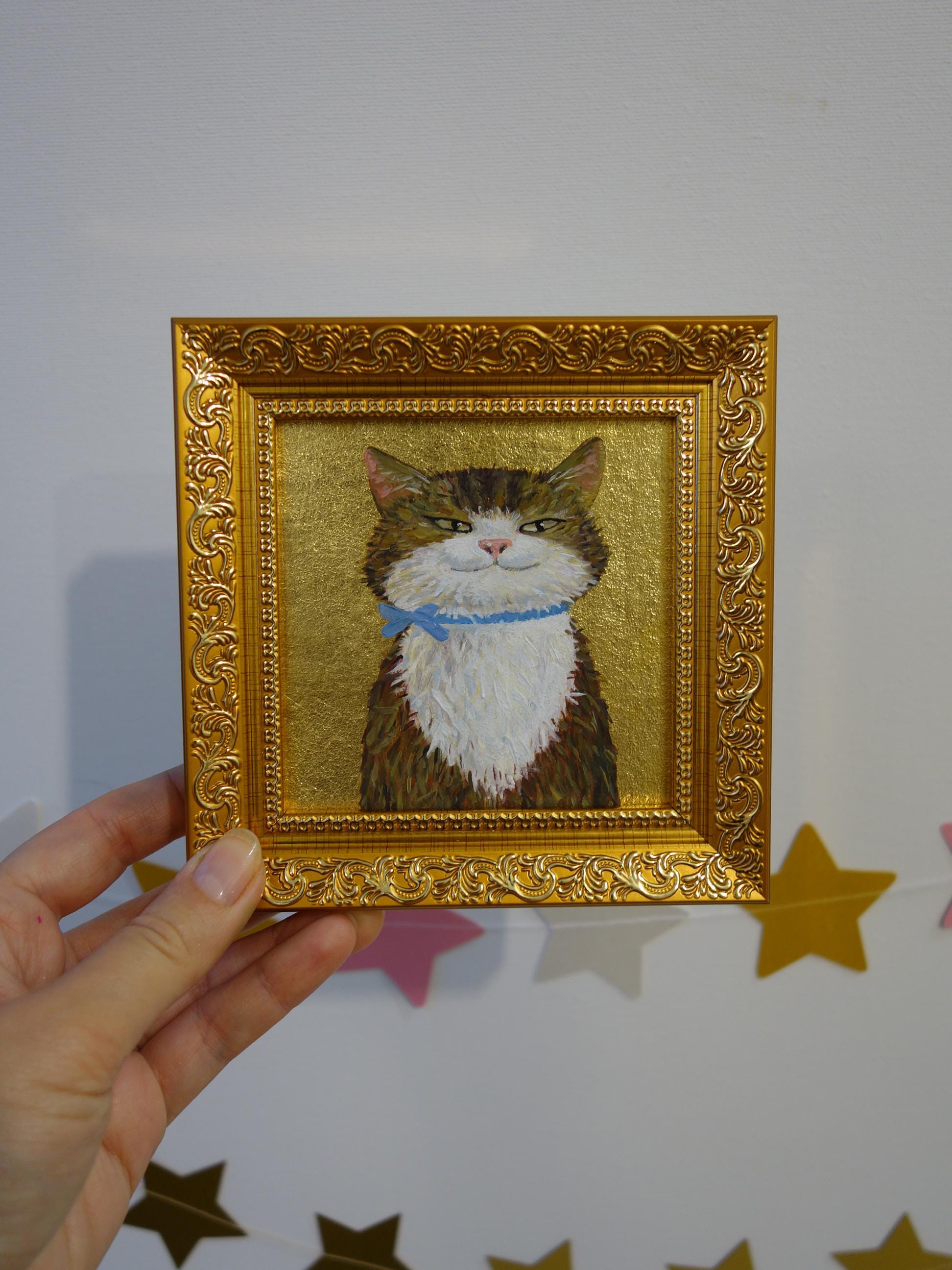 猫のオリジナル油絵、金箔アート、小さな金色の額縁のアートワーク 