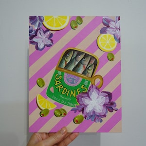 Sardines Still Life Painting: Olives, Lemon, Flowers - 10.2x8.1&quot; Original Kitchen Art