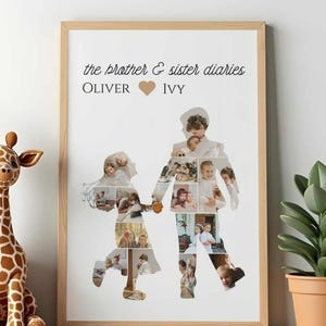 May include: A framed print with a light wood frame features a collage of photos in the shape of a boy and girl holding hands. The text "the brother & sister diaries" is above the names "OLIVER" and "IVY". A giraffe plush and potted plant are in the image.