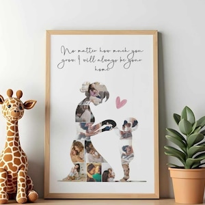 May include: A framed print featuring a silhouette of a mother and child filled with family photos. The print includes the text "No matter how much you grow, I will always be your home." A giraffe plush toy and potted plant are next to the frame.