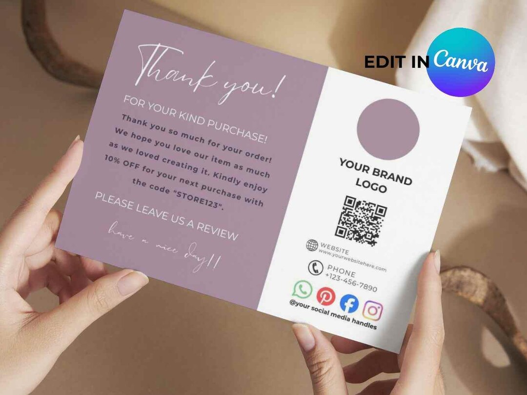 Editable Thank You Card, Small Business Packaging Insert, QR Code ...