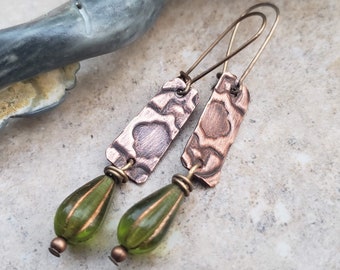 Embossed Copper Shard Earrings with Green Czech Glass Drops, patina'd, wire wrapped, boho, lightweight