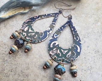 Boho Teardrop Dangle Earrings, copper, patina'd, glass beads, embossed, big earrings