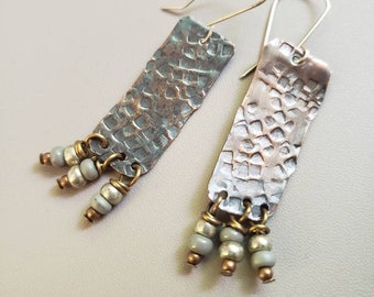 Textured Copper Shards with Silver Czech glass bead dangles, boho, mixed metal, handforged, patina