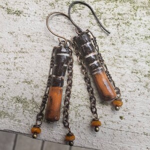 Orange Ceramic Sticks. Earrings, handmade, artisan, rustic, chain, black, brass, boho, dangle, porcelain daggers with czech glass and vintaj image 4