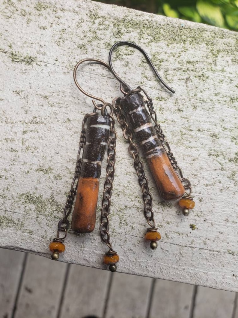 Orange Ceramic Sticks. Earrings, handmade, artisan, rustic, chain, black, brass, boho, dangle, porcelain daggers with czech glass and vintaj image 4