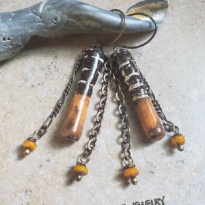 Orange Ceramic Sticks. Earrings, handmade, artisan, rustic, chain, black, brass, boho, dangle, porcelain daggers with czech glass and vintaj image 1