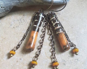 Orange Ceramic Sticks. Earrings, handmade, artisan, rustic, chain, black, brass, boho, dangle, porcelain daggers with czech glass and vintaj