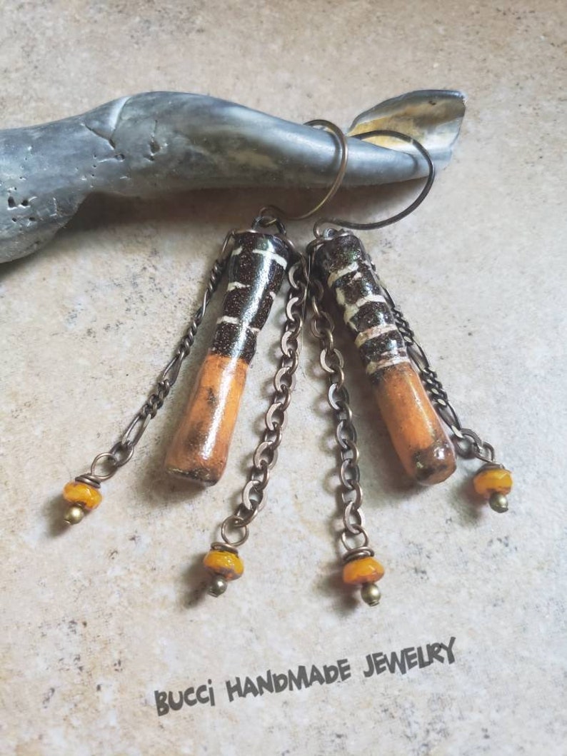 Orange Ceramic Sticks. Earrings, handmade, artisan, rustic, chain, black, brass, boho, dangle, porcelain daggers with czech glass and vintaj image 1