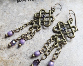 Oriental Chandelier Brass Earrings, purple czech glass beads, chain, long, lightweight, Swarovski crystal,