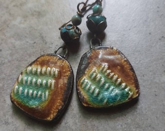 Ceramic Paddle Earrings in Teal, with brass and chyroprase beads, earthy, rustic, boho, dangle earrings, brown, blue, green, Vintaj brass