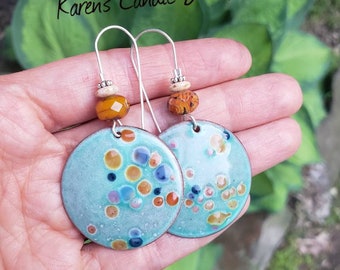 Beachy Vibes Earrings, enameled copper, splattered, blue and orange, czech glass, sterling silver