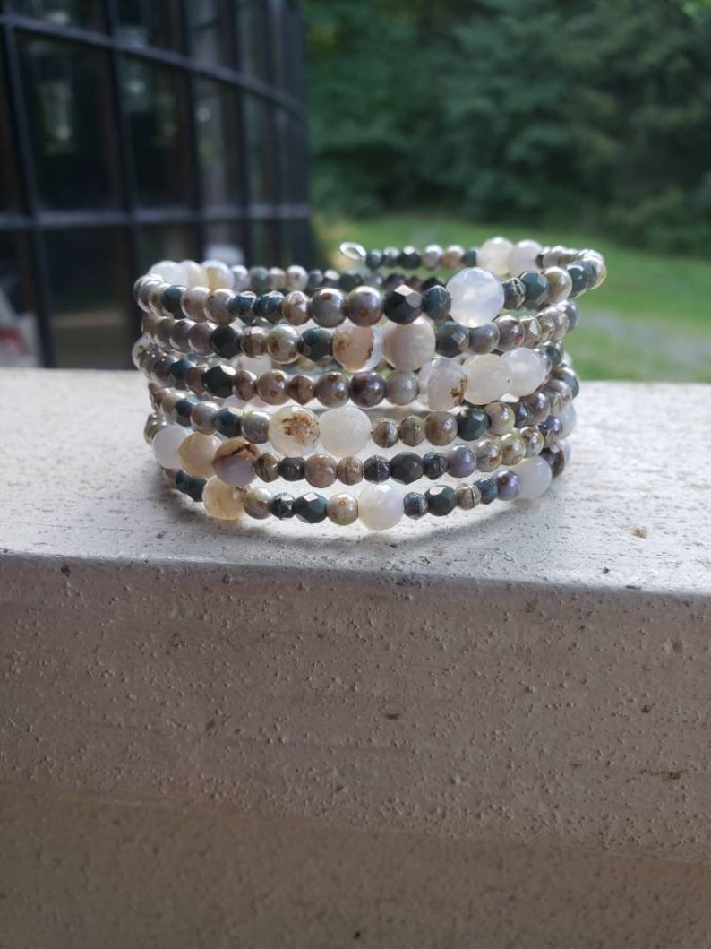 Soothing Memory Wire Beaded Bracelet gray one size green wraps 6x neutral colors agate czech glass