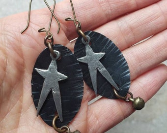 Shooting Stars Artisan Earrings, pewter, brass, bells, mixed metal, darkened brass, chunky, star charms