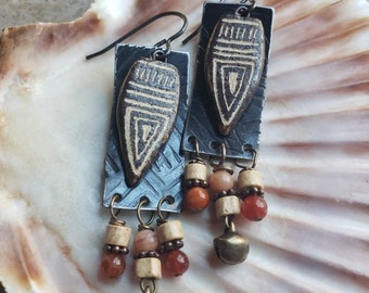 Tribal Fringe Brass earrings, sun stones, wood beads, brass bells, artisan ceramic beads, rustic, boho