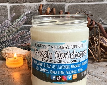 Fresh Outdoors Soy Candle, 16oz highly scented, slow burning, glass, eco-friendly, handmade, soy wax, spa, aromatherapy
