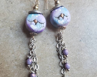 Sleepy Head Owl Earrings, polymer clay artisan beads, purple, blue, long silver fringe, czech glass beads, sterling silver earwires