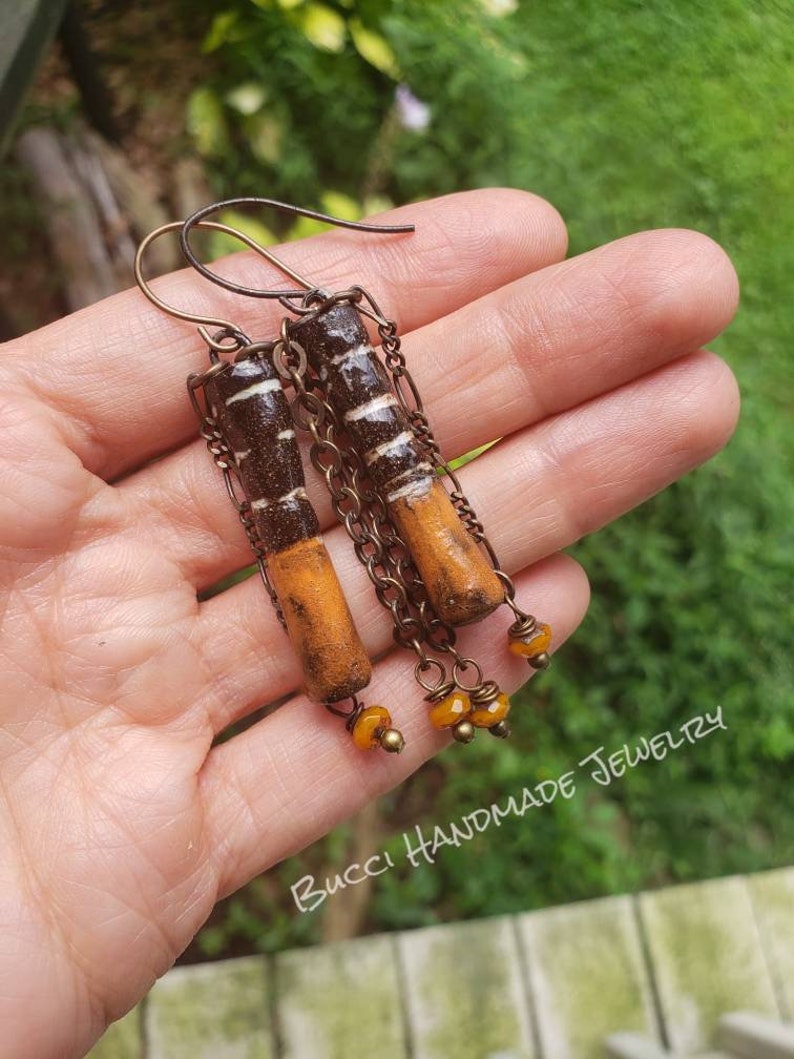 Orange Ceramic Sticks. Earrings, handmade, artisan, rustic, chain, black, brass, boho, dangle, porcelain daggers with czech glass and vintaj image 2